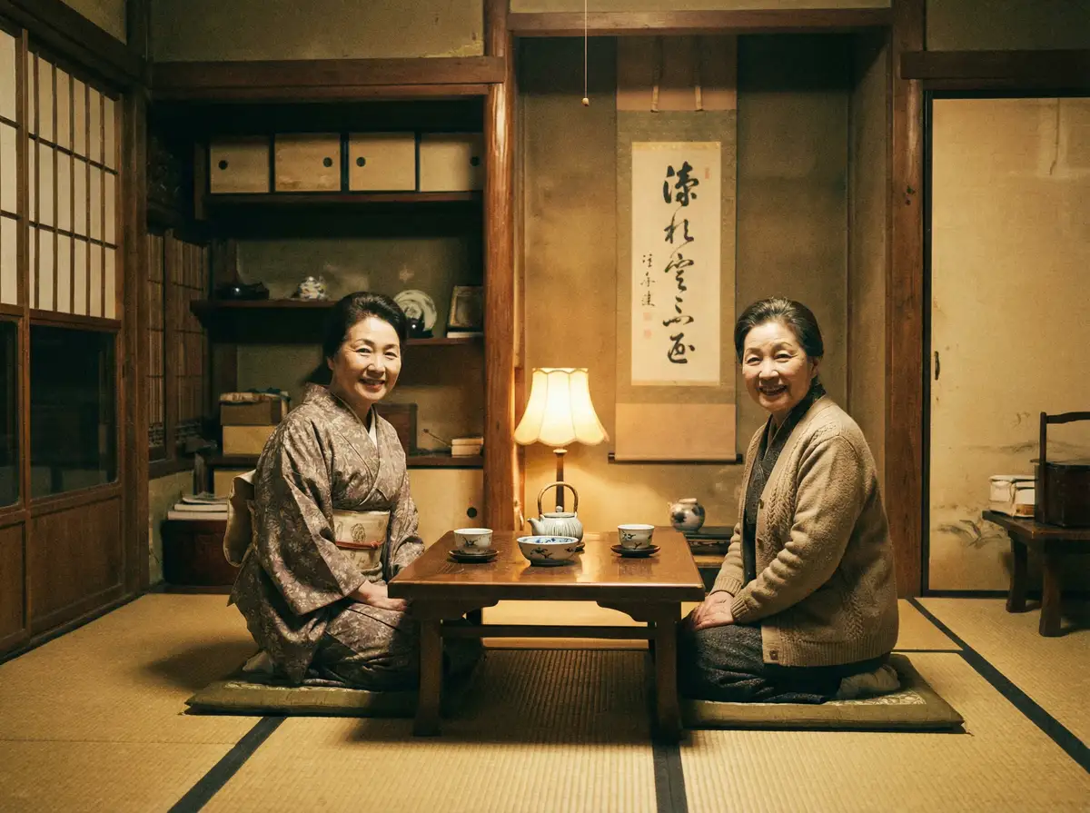 两位优雅的 寸止 在日式茶室中品茶交谈